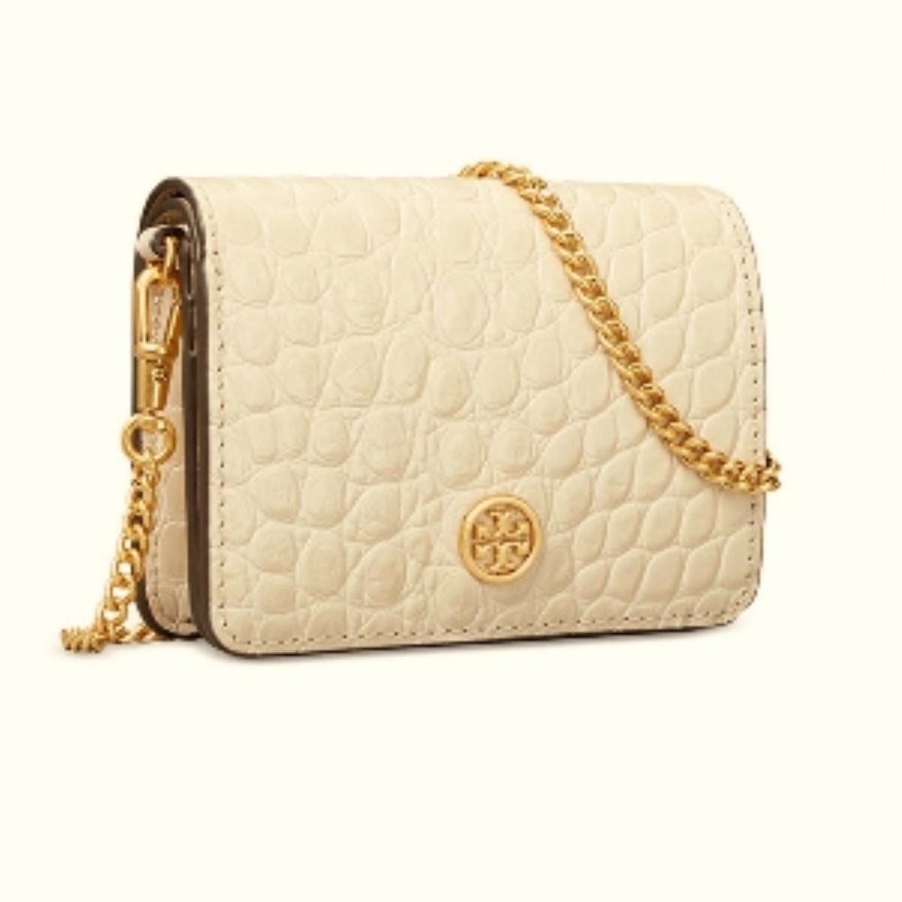 New Tory Burch Walker Embossed Nano Wallet on Chain in Jamaica Sand